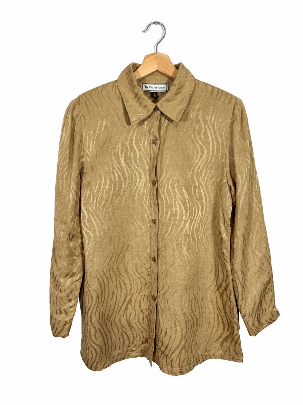 Travis Ayers Women's Silk Blend Top Size 6 Gold Textured Classic Eclectic Artsy